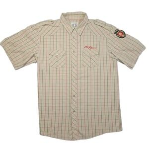Kanji Jeans Shirt Mens 3XL Beige Plaid Short Sleeve Western Snap Pearl Crest